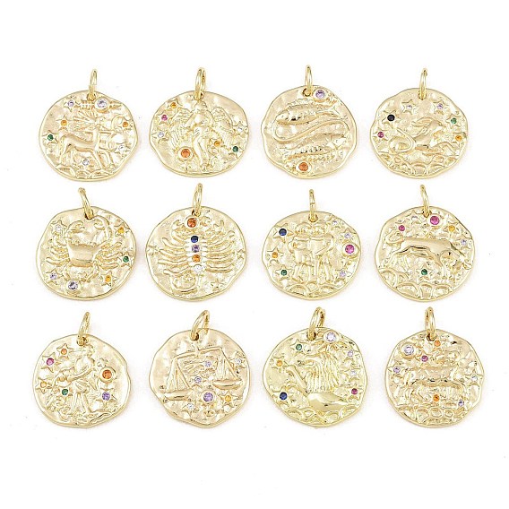 Brass Micro Pave Colorful Cubic Zirconia Charms, Round with Constellation Charms, Rack Plating, Long-Lasting Plated, Cadmium Free & Lead Free, Golden