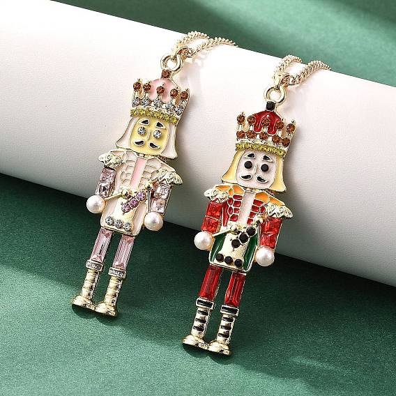 Ожерелья с подвеской в виде рождественского щелкунчика из сплава и эмали, с пластиковым жемчугом и стразами, золотые