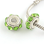 Flat Round Antique Silver Plated Alloy Rhinestone European Beads, Large Hole Beads, 14~15x6~7mm, Hole: 5mm