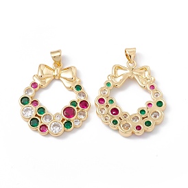 Rack Plating Brass Micro Pave Colorful Cubic Zirconia Pendants, Cadmium Free & Nickel Free & Lead Free, Wreath with Bowknot