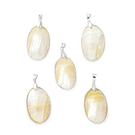 Natural Sea Shell Pendants, Oval Charms, with Platinum Plated Brass and Alloy Findings