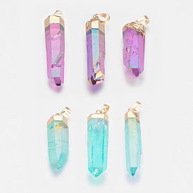 Faceted Dyed Natural Quartz Pointed Pendants, with Golden Tone Brass Findings, Bullet