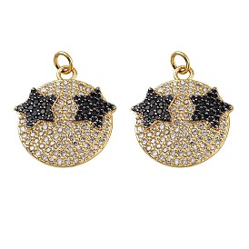 Pendentifs en laiton micro pavé transparent et noir en zircone cubique, avec des anneaux de saut, plaqué longue durée, sans plomb et sans cadmium, plat et circulaire avec étoile