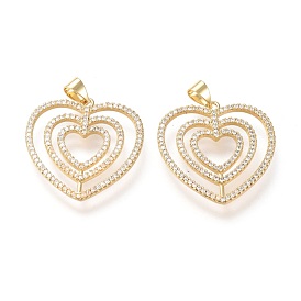 Brass Micro Pave Cubic Zirconia Pendants, Long-Lasting Plated, Heart, Clear