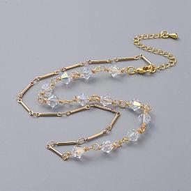 Bicone Austrian Crystal Chain Necklaces, with Real 18K Gold Plated Brass Bar Link Chains, Brass Chain Extender and Lobster Claw Clasps, with Cardboard Packing Box