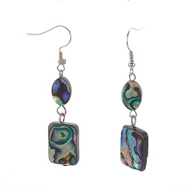 Boucles d'oreilles pendantes en perles de coquille d'ormeau/paua, avec ferrure de fer et crochets en acier inoxydable, ovale et rectangle