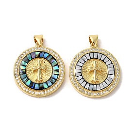 Brass Micro Pave Clear Cubic Zirconia Pendants, with Enamel & Shell, Long-Lasting Plated, Lead Free & Cadmium Free, Real 18K Gold Plated, Flat Round with Cross