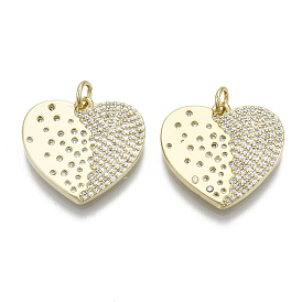 Brass Micro Pave Cubic Zirconia Pendants, with Jump Ring, Nickel Free, Heart, Real 16K Gold Plated