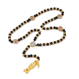 Facettierte Rondell-Glas-Rosenkranz-Perlenketten, Legierung Kristall Jungfrau Santa Muerte Anhänger Halsketten, golden