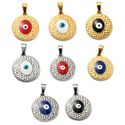 Ion Plating(IP) 304 Stainless Steel Pendants, with Enamel, Flat Round with Evil Eye Charm