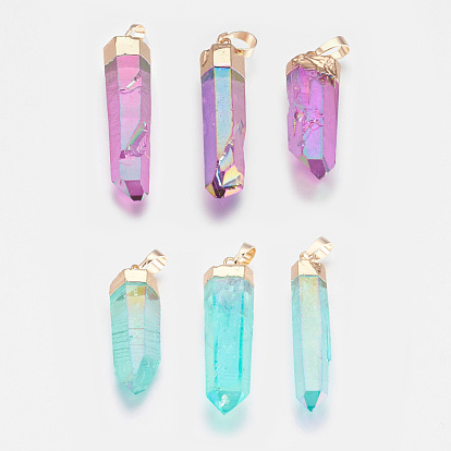 Faceted Dyed Natural Quartz Pointed Pendants, with Golden Tone Brass Findings, Bullet