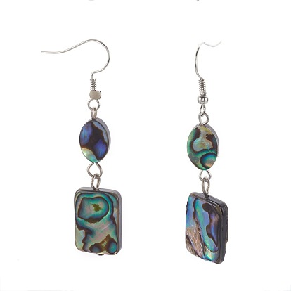 Boucles d'oreilles pendantes en perles de coquille d'ormeau/paua, avec ferrure de fer et crochets en acier inoxydable, ovale et rectangle