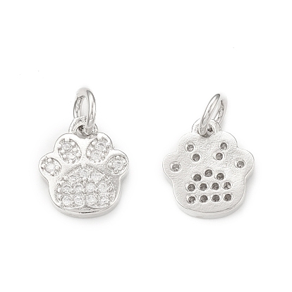 Rack Plating Brass Micro Pave Clear Cubic Zirconia Charms, with Jump Ring, Cadmium Free & Lead Free, Long-Lasting Plated, Dog Paw Print Charm