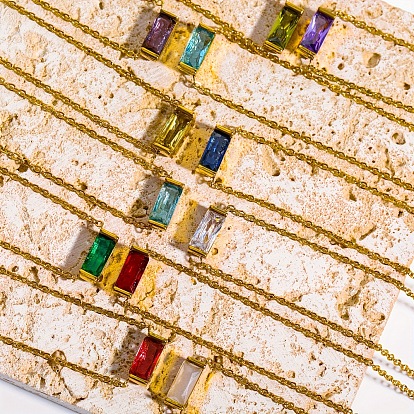 Ожерелья с прямоугольным кулоном из латуни с кубическим цирконием в стиле камня рождения для женщин, золотые