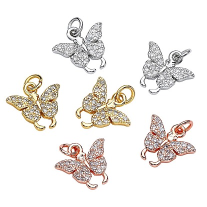 6Pcs 3 Colors Brass Micro Pave Cubic Zirconia Charms, with Jump Rings, Long-Lasting Plated, Cadmium Free & Lead Free, Butterfly