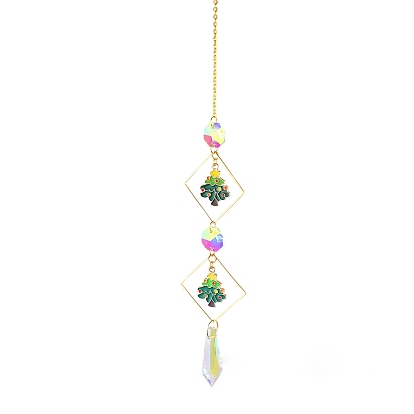 Christmas Metal Enamel Rhombus Hanging Ornaments, Glass Cone/Teardrop Tassel Suncatcher for Window Garden Decoration