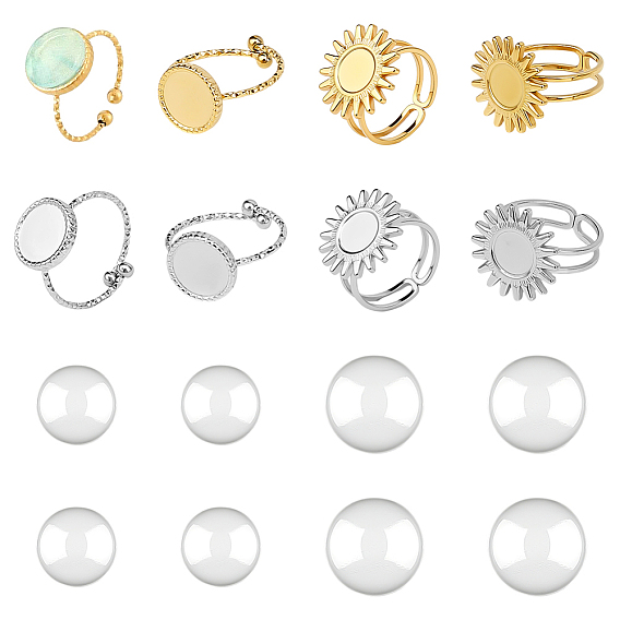 8шт 304 компонент открытого манжетного кольца из нержавеющей стали, настройки звонка, с 8 прозрачными стеклянными кабошонами