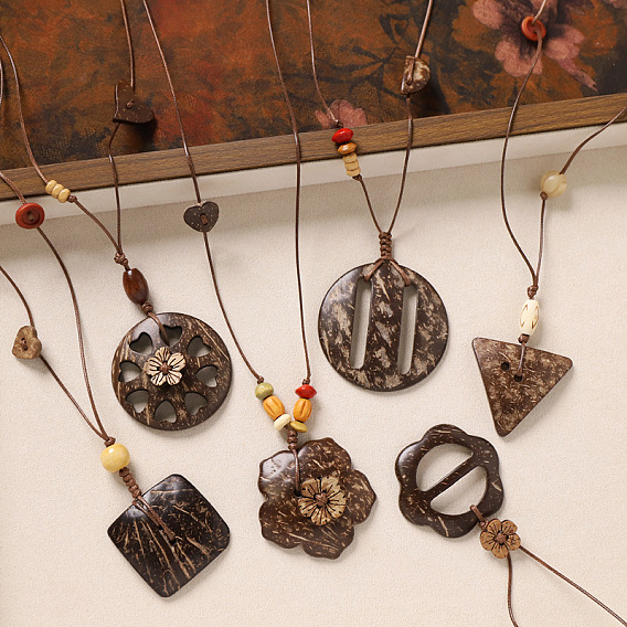 Natural Coconut Pendant Adjustable Leather Cord Long Necklaces with Wood Beads, Coconut Brown