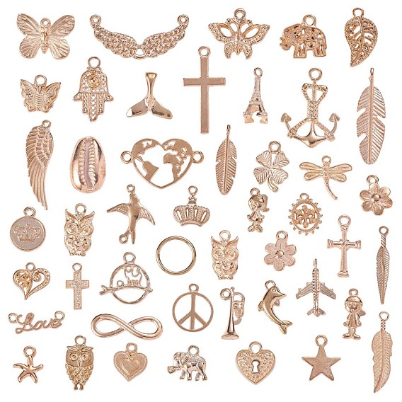 47 Pieces Wholesale Bulk Lots Jewelry Rose Gold Alloy Charm Pendants Leaf Wing Cross Charm for Jewelry Necklace Bracelet Earring Making Craft