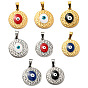 Ion Plating(IP) 304 Stainless Steel Pendants, with Enamel, Flat Round with Evil Eye Charm
