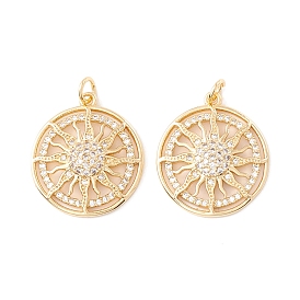 10 Stk. Rack-Beschichtung Messing Micro Pave klar Cubic Zirkonia Anhänger, mit Ringe springen, langlebig überzogen, cadmiumfrei und bleifrei, flach rund mit Sonne