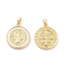 Rack Plating Brass Pave Shell Flat Round Pendants, Saint Benedict Medal Charms, Cadmium Free & Lead Free, Long-Lasting Plated