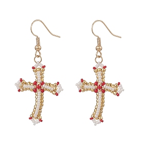 Japanese Seed Braided Cross Dangle Earrings, Golden Brass Jewelry for Women
