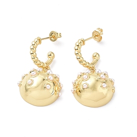 ABS Plastic Imitation Pearl Beaded Ring with Half Round Dangle Stud Earrings, Brass Half Hoop Earrings for Women