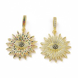 Brass Micro Pave Cubic Zirconia Pendants, Real 18K Gold Plated, Flower with Eye Charms