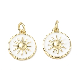 Brass Enamel Pendants, Flat Round with Sun Charms, Cadmium Free & Lead Free, Rack Plating, Long-Lasting Plated, Real 18K Gold Plated