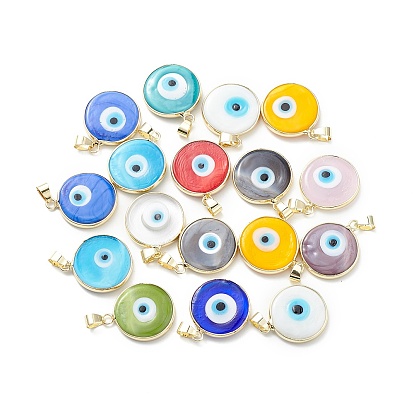 Handmade Evil Eye Lampwork Pendants, with Rack Plating Light Gold Tone Brass Findings, Long-Lasting Plated, Lead Free & Cadmium Free, Flat Round