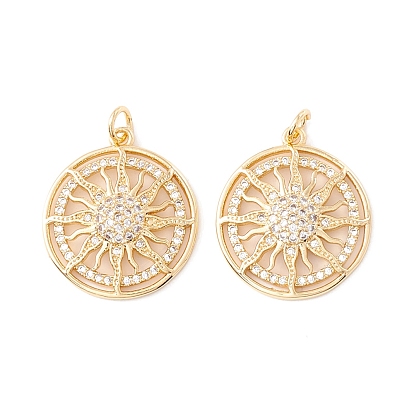 10 Stk. Rack-Beschichtung Messing Micro Pave klar Cubic Zirkonia Anhänger, mit Ringe springen, langlebig überzogen, cadmiumfrei und bleifrei, flach rund mit Sonne