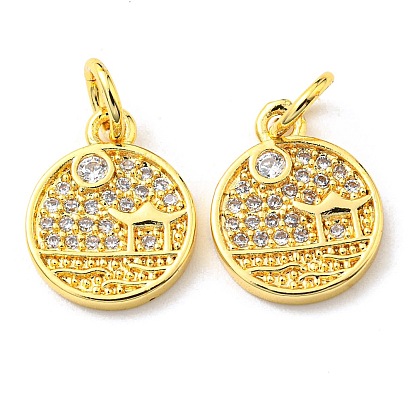 Rack Plating Brass Micro Pave Cubic Zirconia Charms, with Jump Ring, Scenery, Flat Round