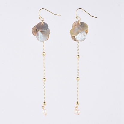 Dangle Earrings, with Natural Freshwater Pearl, Akoya Shell, Brass Earring Findings and Cable Chains