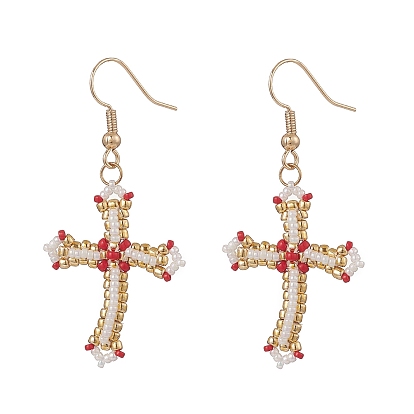 Japanese Seed Braided Cross Dangle Earrings, Golden Brass Jewelry for Women