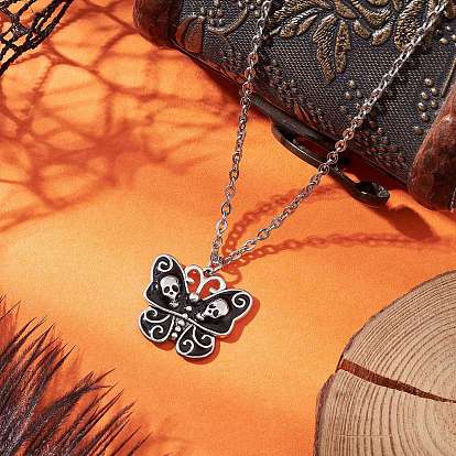 Подвеска с черепом и бабочкой из сплава эмали на Хэллоуин 304 ожерелья из нержавеющей стали с цепочкой, платины и нержавеющая сталь цвет