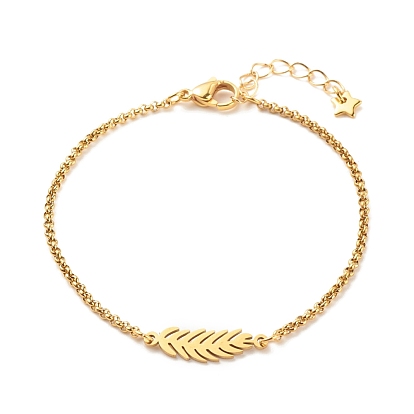 201 Stainless Steel Feather Link Bracelet with 304 Stainless Steel Box Chains for Women