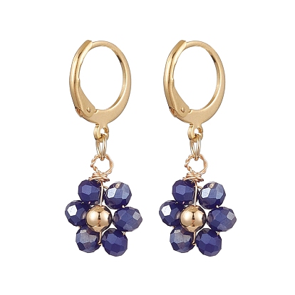 7 Pairs 7 Colors Golden Alloy Leverback Earrings, Flower Glass Drop Earrings