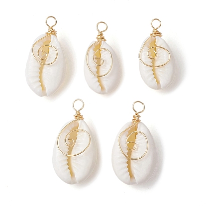 5Pcs Natural Cowrie Shell Copper Wire Wrapped Vortex Pendants, Light Gold, Shell Charms