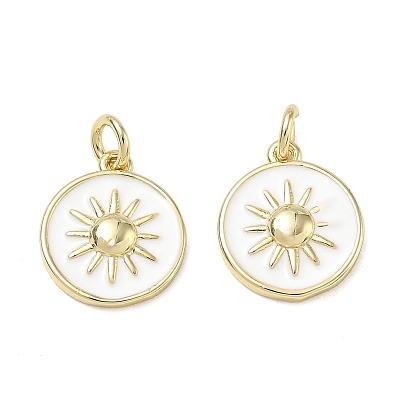 Brass Enamel Pendants, Flat Round with Sun Charms, Cadmium Free & Lead Free, Rack Plating, Long-Lasting Plated, Real 18K Gold Plated