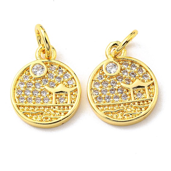 Rack Plating Brass Micro Pave Cubic Zirconia Charms, with Jump Ring, Scenery, Flat Round