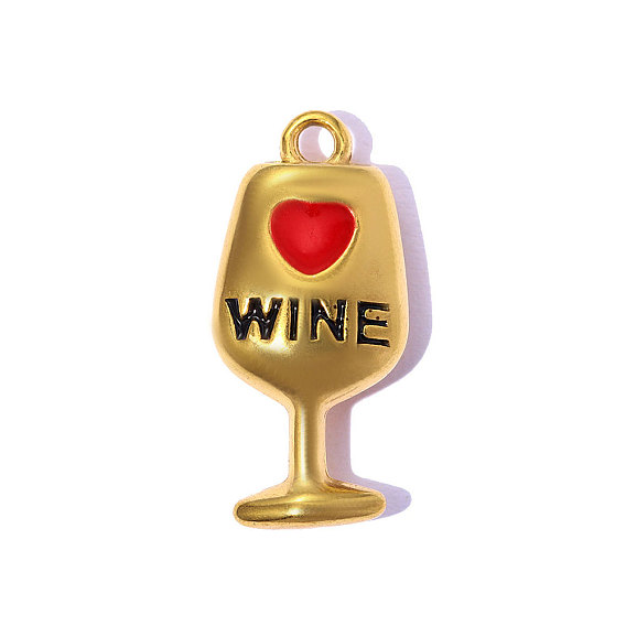 304 нержавеющей стальной эмали подвески, Бокал для вина с узором в виде сердечек и подвесками в виде слов «вино»., ионное покрытие (ip), зеркальная полировка, реальный 18 k позолоченный