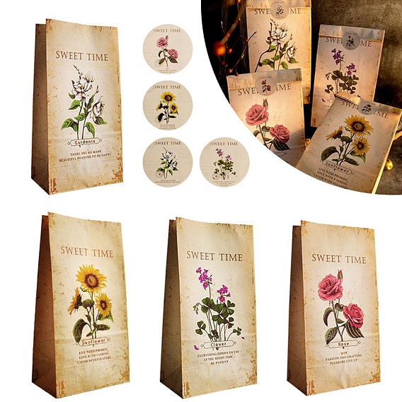 24 piezas 4 estilos bolsas de papel de flores rectangulares retro, bolsa de papel de regalo para envolver regalos y alimentos, con pegatinas de sello de punto redondo