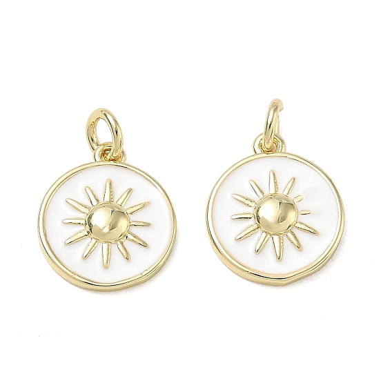 Brass Enamel Pendants, Flat Round with Sun Charms, Cadmium Free & Lead Free, Rack Plating, Long-Lasting Plated, Real 18K Gold Plated