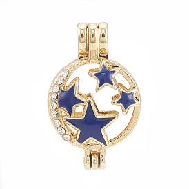 Colgantes del locket de la aleación, medallón difusor, con diamantes de imitación y esmalte, hueco, plano y redondo con estrella, cristal