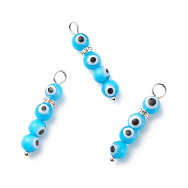 Handmade Evil Eye Lampwork  Pendants, with 304 Stainless Steel Ball Head Pins and Brass Rhinestone Spacer Beads, Round