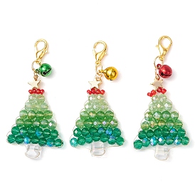 Christmas Trees Glass Beaded Pendant Decorations, Alloy Lobster Claw Clasps Charm for Bag Ornaments