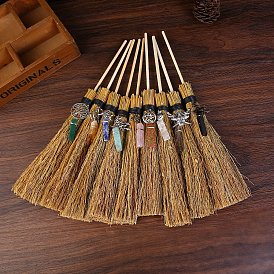 Straw Mini Witch Broom, Natural Gemstone Rectangle Charms Brooms For Cleansing Healing Fengshui Home Halloween Decor