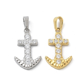 Ion Plating(IP) 304 Stainless Steel Micro Pave Cubic Zirconia Pendants, Anchor Charms