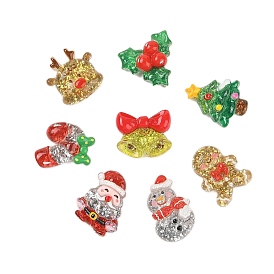 Christmas Series Cute Transparent Resin Decoden Cabochons, with Glitter Powder, Christmas Tree/Deer/Bell/Snowman/Gingerbread Man/Santa Claus